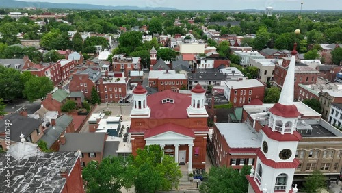 Rising aerial of colonial downtown historic district in Frederick Maryland. photo