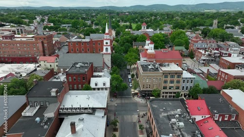 Downtown Frederick Maryland. Second largest city in MD. Aerial pullback reveal from historic district. photo