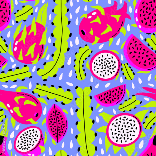 Seamless pattern acid dragon fruit cactus. Hand Drawn vibrant neon exotic food. Vector trendy surface background for fabric, textile, wallpaper