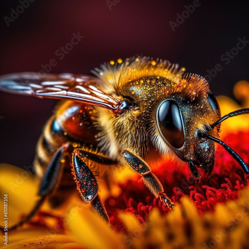 Bee on a flower full of pollen macro photography, Generative AI © alina