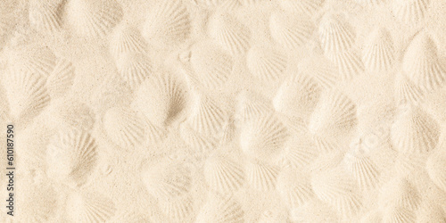Texture of beach sand with seashells imprint. Beach sand texture in summer sun. Seashells on sand beach
