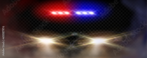 Police car red and blue light night flare cop siren vector effect. Front view on realistic emergency headlight glow with smoke isolated. Danger smog near shine of ambulance or justice patrol bulb