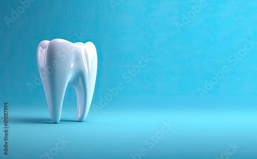 A white 3D tooth on a blue Background. Background Banner mit Negative space for dentist and dentistry.