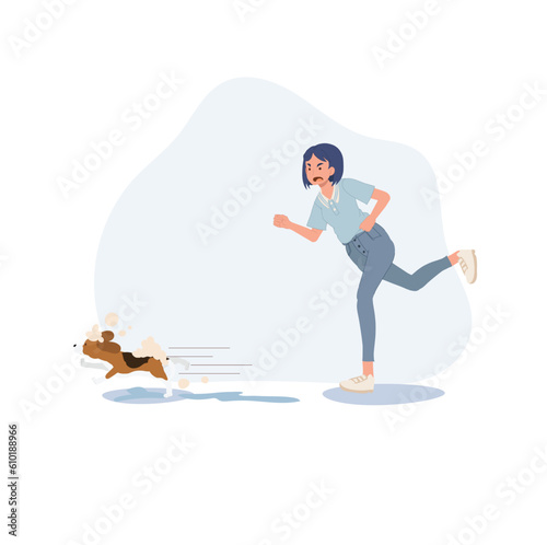 run away dog with bubbles soap on his back while the owner is running follow. a dog escape from take a bath. Flat vector cartoon illustration