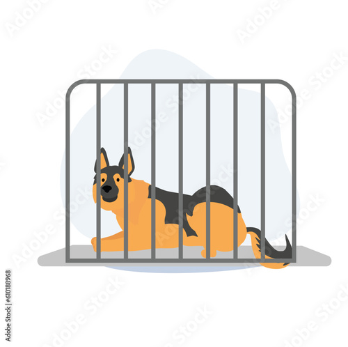  a dog in the cage. Pet shop or pet rescue center, dog help adoption shelter, puppy hotel . Flat vector cartoon illustration