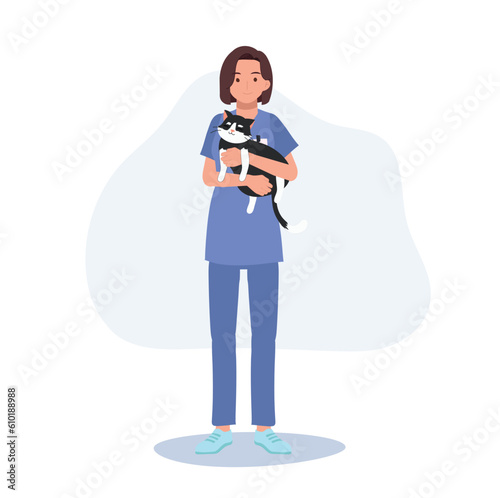 Full length of female Veterinarian Hugging cat. Profession veterinarian. Woman vet holds a cat. Flat vector cartoon illustration