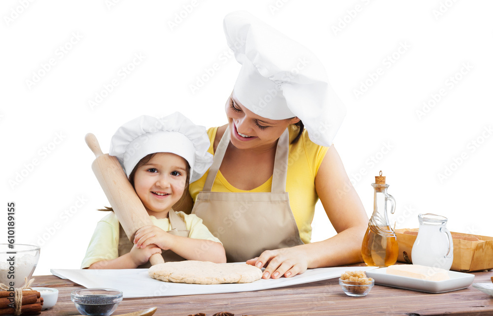 Happy loving family prepares bakery together. Happy loving family prepares bakery together.