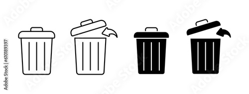 trash can. Different styles, black, metal trash can. Vector icons.