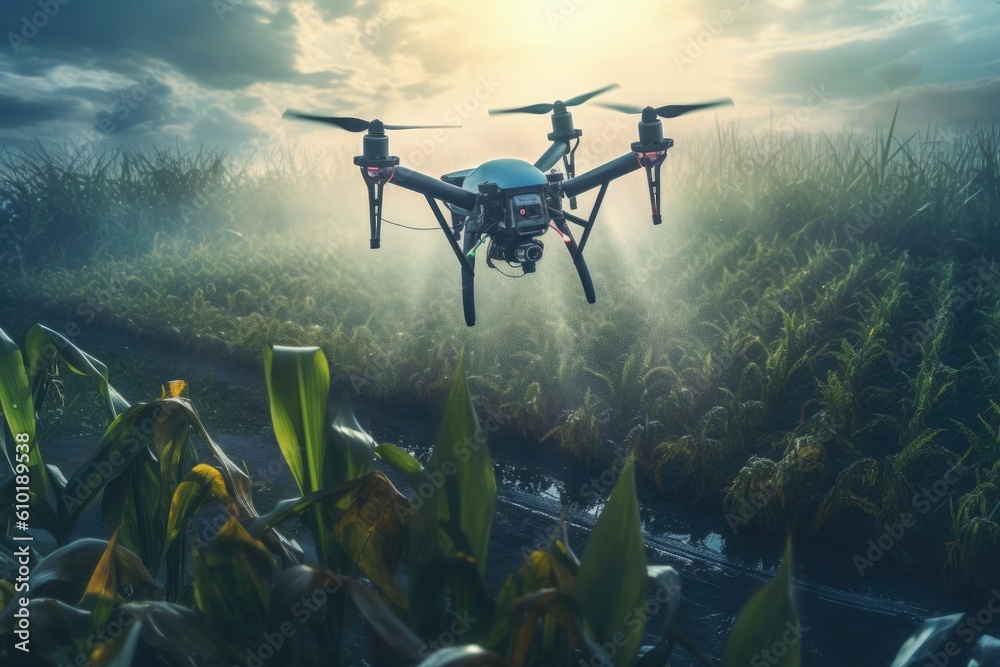 Naklejka premium Agricultural drone flying water spray fertilizer on sweetcorn fields. Aerial view of drone. Generative AI