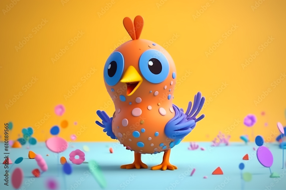 Cute color cartoon bird 3d render 