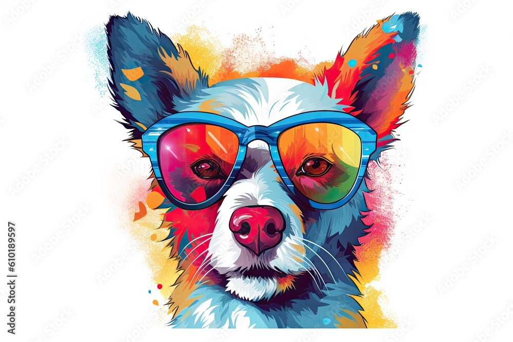 A cartoon colorful dog with sunglasses on white background. Colorful. Generative AI