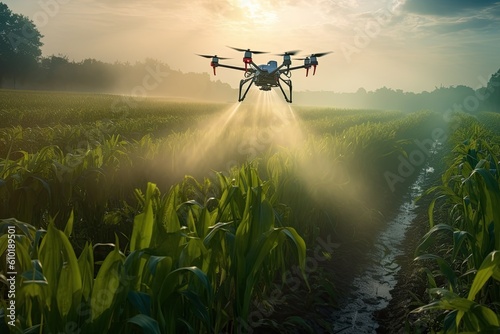Agricultural drone flying water spray fertilizer on sweetcorn fields. Aerial view of drone. Generative AI © tong2530
