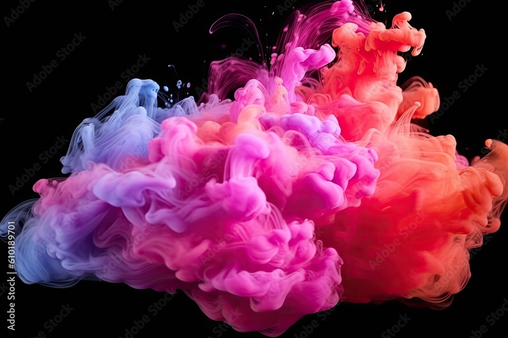 Colorful pink red rainbow smoke paint explosion, color fume powder splash, motion of liquid ink dye in water. Colorful. Generative AI