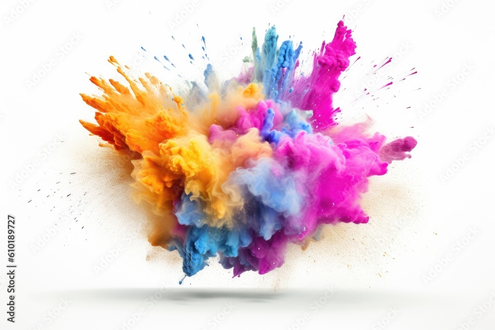 Explosion of colored powder on white background. Colorful. Generative AI