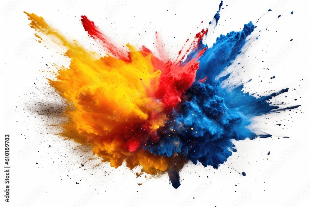 Explosion of red yellow blue powder on white background. Colorful. Generative AI