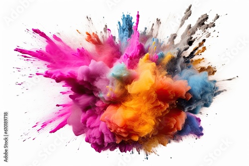 Explosion of colored powder on white background. Colorful. Generative AI © tong2530