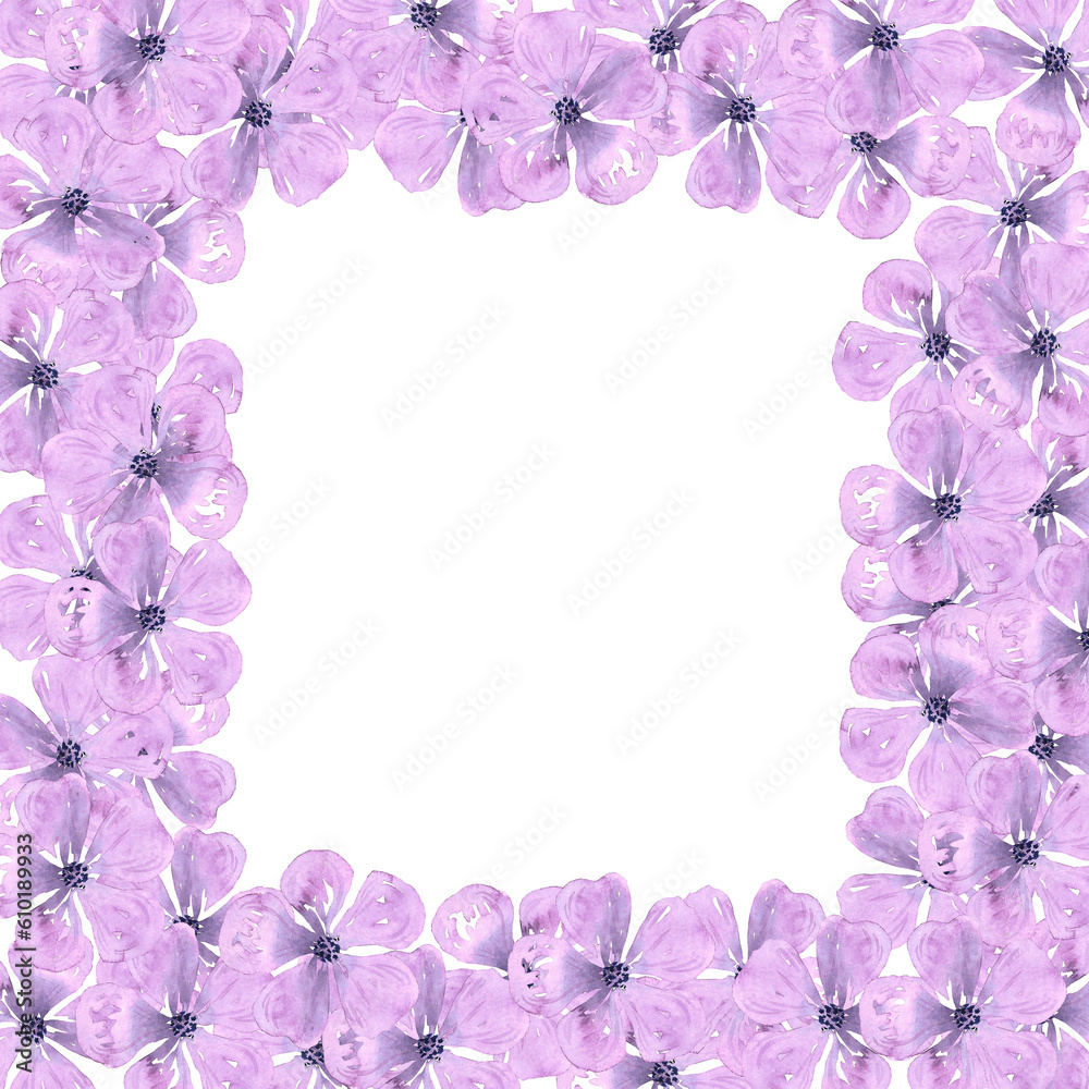 Purple abstract cherry blossom frame boarder. Hand drawn watercolor isolated on white background. Can be used for cards, patterns, label.