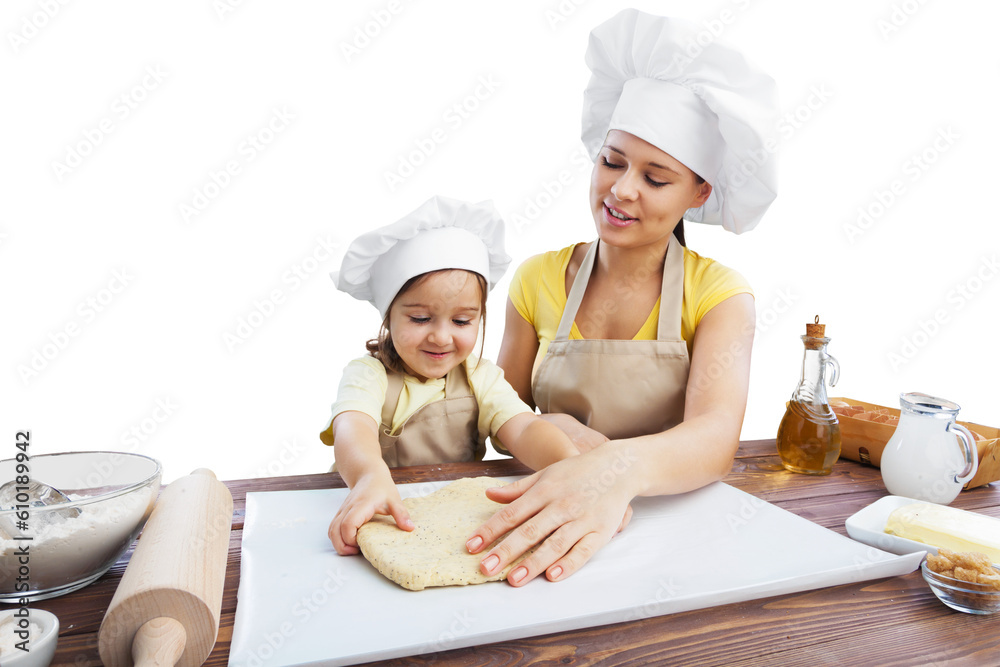 Happy loving family prepares bakery together. Happy loving family prepares bakery together.