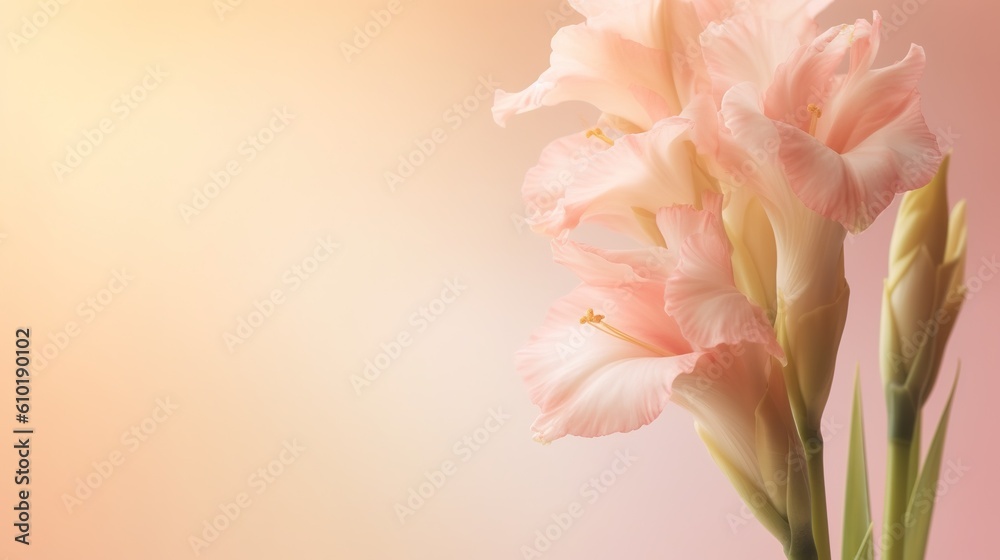 blooming gladiolus flower on light background with copy space