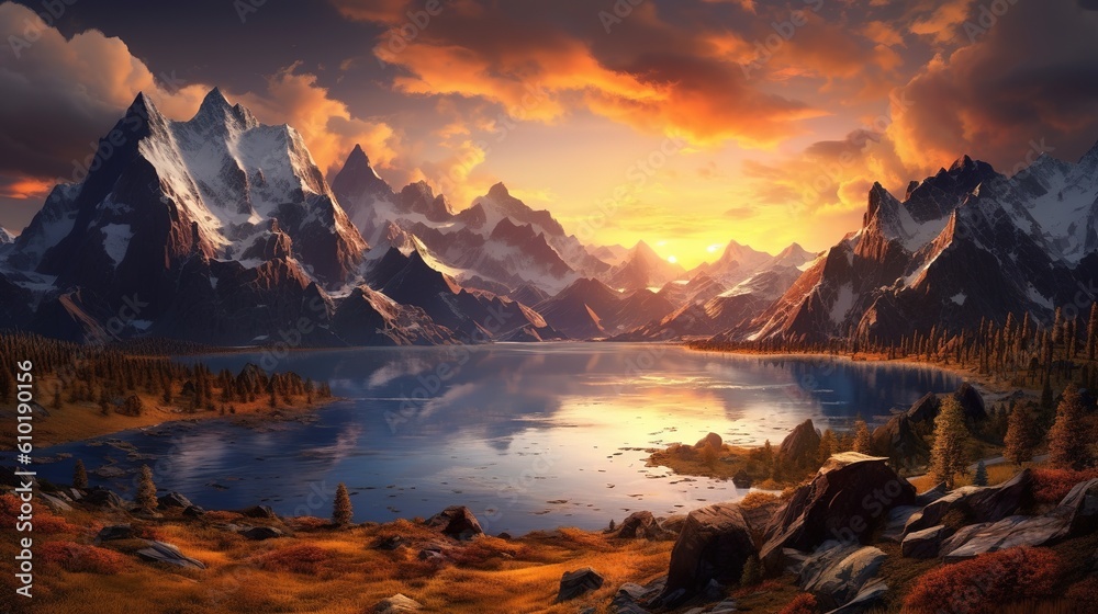 mountain scenery and sunset
