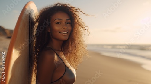 Beautiful black woman with surfboard on a beach at sunrise generative ai © Roman