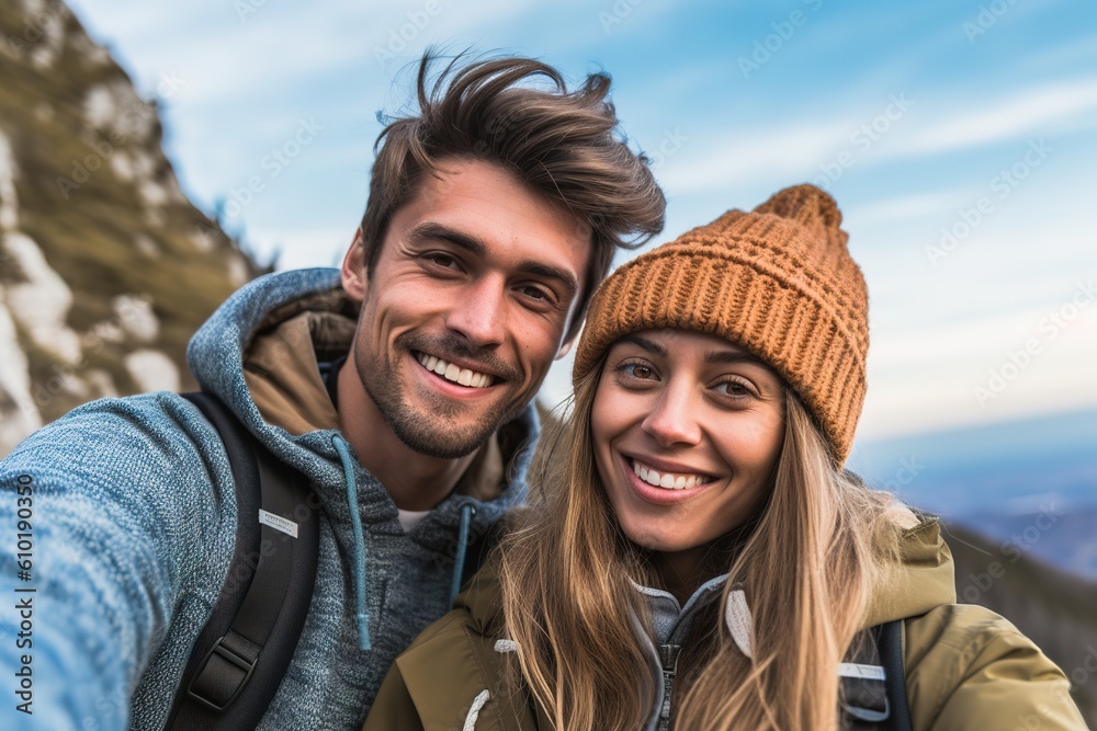 Selfie of young couple hiking in the mountain. Generative AI, Generative AI