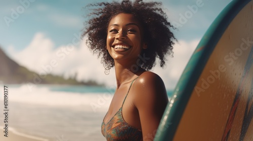 Beautiful smiling African American woman with surf board on a beach at sunrise generative ai © Roman