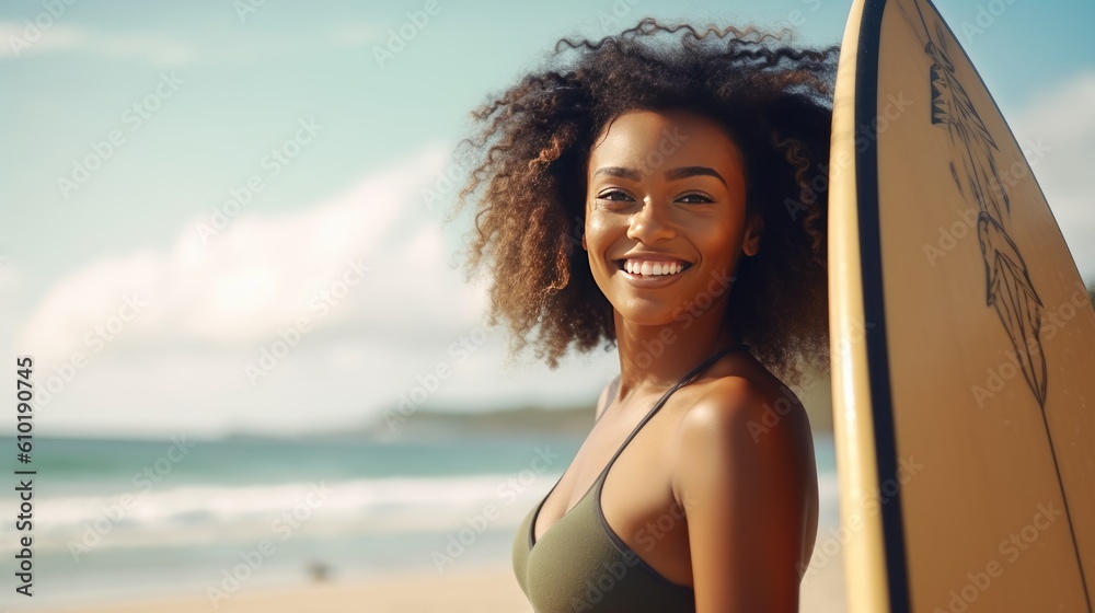 Beautiful smiling African American woman with surf board on a beach at sunrise generative ai Beautiful smiling African American woman with surf board on a beach at sunrise generative ai