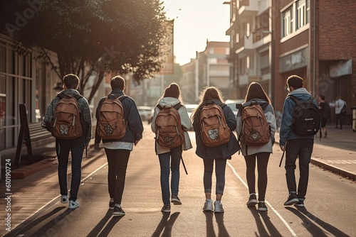 Back view of a group of students with backpacks walking on the street, A group of high school kids with school bags on their backs, walking together down the hallway, AI Generated