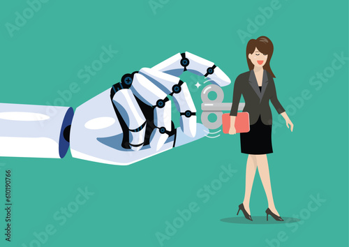 Robot hand turns on business woman with wind-up key in her back