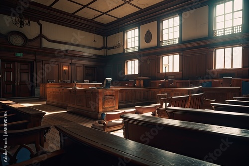 Interior of an old catholic church. Religious architecture. 3d rendering, Empty huge vintage courtroom view, AI Generated