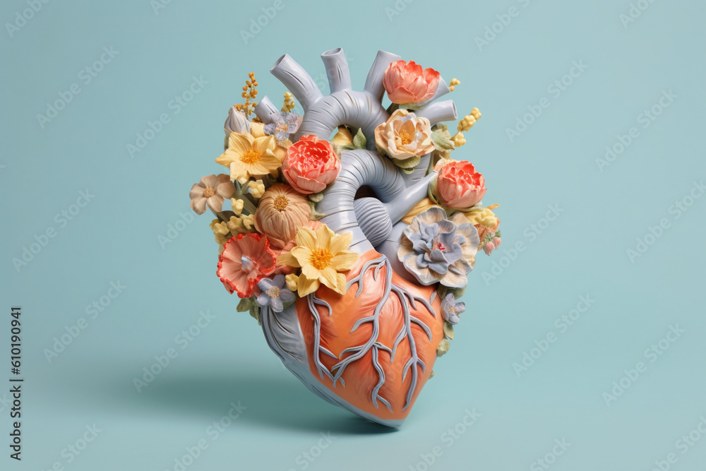 model of human heart with flowers growing out of it heart health concept on the blue background created with AI generative tools