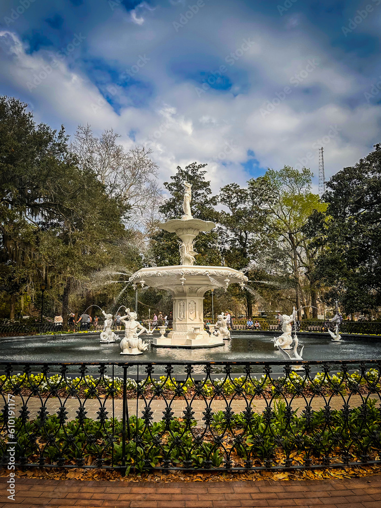 Fountain in historic square in Savannah, Georgia.