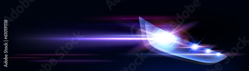 Realistic led car headlight flare vector effect. Single front light glow in dark night banner with space. Abstract digital 3d neon shiny headlamp lense ray horizontal illustration design with blink.