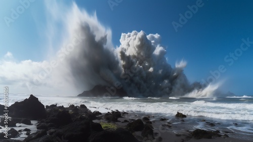 A panoramic view from a raised position of a tidal wave smashing into the shoreline, ejecting massive quantities of soil and litter. This spectacle would accentuate the tremendous power of sea surges.