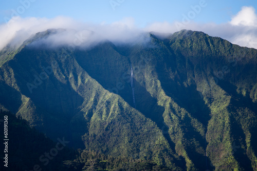 Mountain in Kauai Hawaii with Waterfall and Cloud Cover