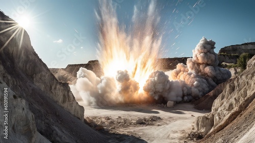 Capture an instant of explosion in a quarry. The breathtaking image of soil and stone propelled upwards conveys the immense human effort invested in altering the natural world.. AI - Generative.