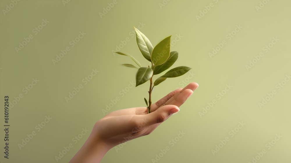 Hand gently holding a green plant. Harmonious pastel earth tones. This image resonates with themes of care, growth, and environmental consciousness. Generative AI