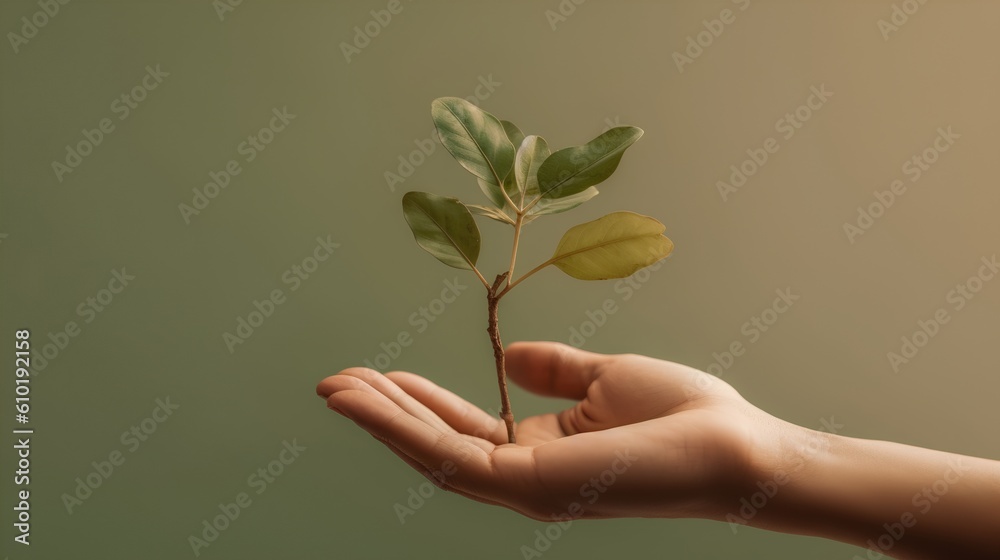 Hand gently holding a green plant. Harmonious pastel earth tones. This image resonates with themes of care, growth, and environmental consciousness. Generative AI Hand gently holding a green plant. Harmonious pastel earth tones. This image resonates with themes of care, growth, and environmental consciousness. Generative AI