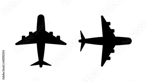 Airplane. Silhouette, black, passenger plane. Vector icons.