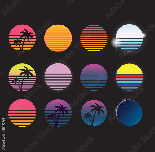 set of rerowave sunset icons, vector illustration