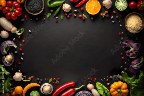 Fresh delicious ingredients of organic food for healthy cooking , Fresh farmer vegetables on a black chalkboard background , Created with generative AI