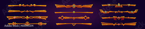 Golden fantasy game border ui button frame design. Medieval gold metal interface element icon for rpg. Divider sign label with gem stone hud set. Cartoon decorative line badge illustration for app