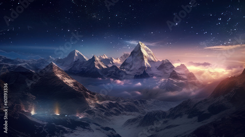 night Everest Tibetan temples. Generative AI © Aliaksei