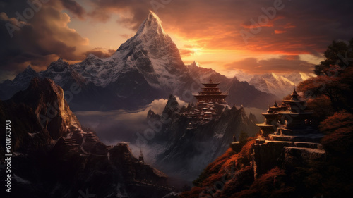 Everest and Tibetan temples. Generative AI © Aliaksei