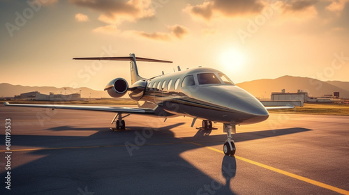 Side view of a business private jet airplane parked outside. Luxury business jet ready for boarding. Generative AI.