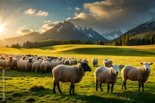 sheep grazing in the mountains by AI generating