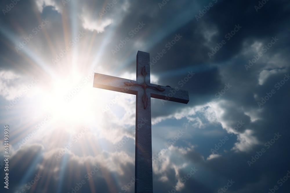 a cross on the clouds in the rays of the sun, the power of faith.  generative ai,