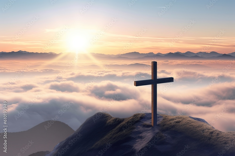 a cross on top of a mountain in the rays of the sun, the power of faith. . generative ai,