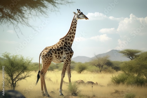 A giraffe walks between trees in Africa. generative ai,